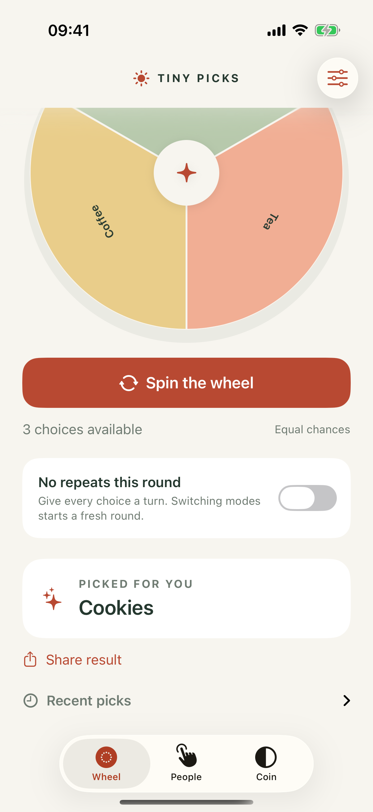 Tiny Picks iPhone app showing a custom wheel